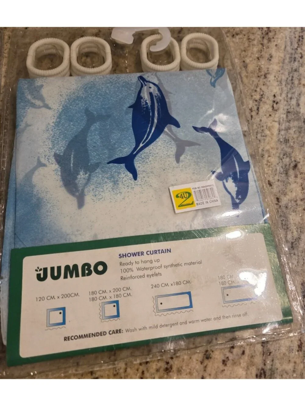 New! Lot of 2 Dolphin Shower Curtains w Hooks Blue Plastic Jumbo 72x72